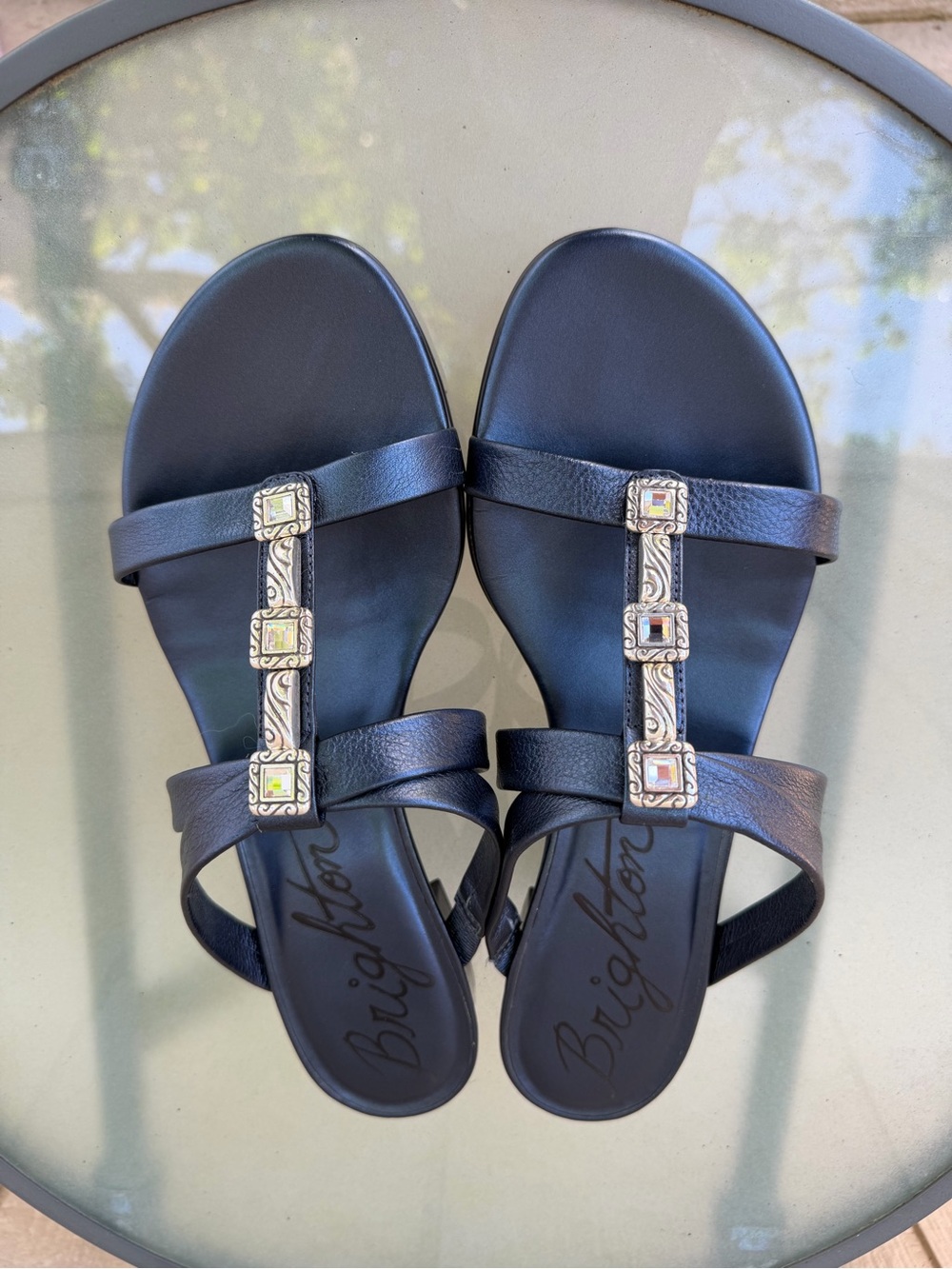 Brighton Nassau Sapphire Leather T-Strap Sandals with Silver-Tone Embellishments